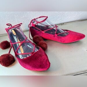 MADDEN GIRL Red Velvet Ankle Wrap Ballet Flats with Furry Balls